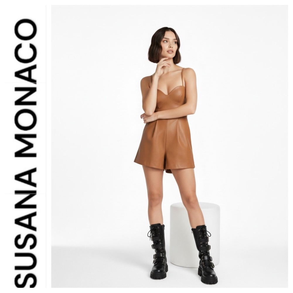 Susana Monaco Faux Leather Corset Sweetheart Mini Romper Camel Brown Size L NWT